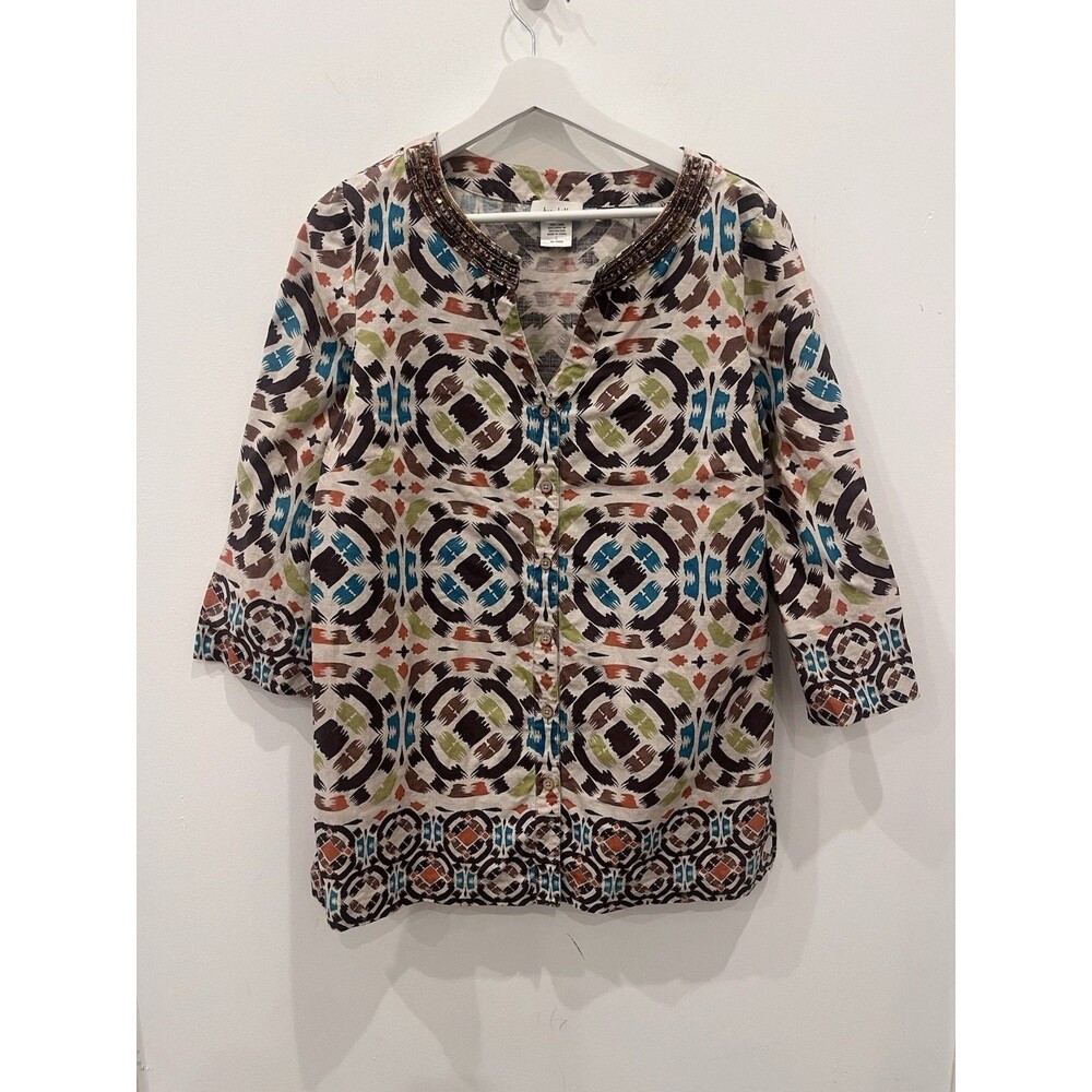 Kate Hill 100% Linen Button Shirt Sz Large Geometric Boho Arts Beaded Neck Brown